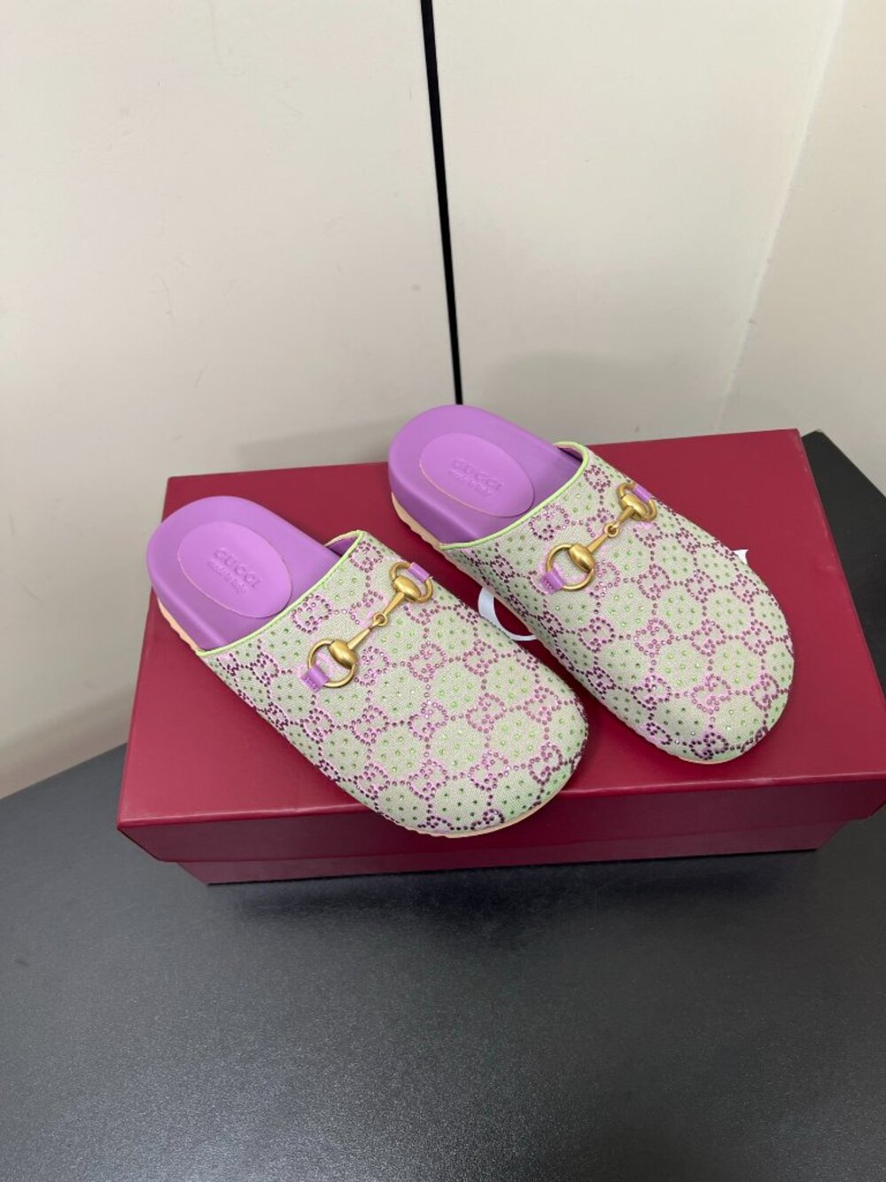 Gucci GG Crystal Horsebit Platform Mules Purple Canvas Slip On Clogs - Picture 2 of 6